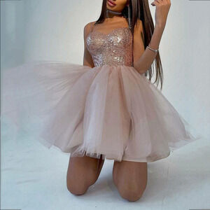 ZARA Ethereal Pink Heavy Sequin Winter Evening Gown Banquet Host Toasting Dress